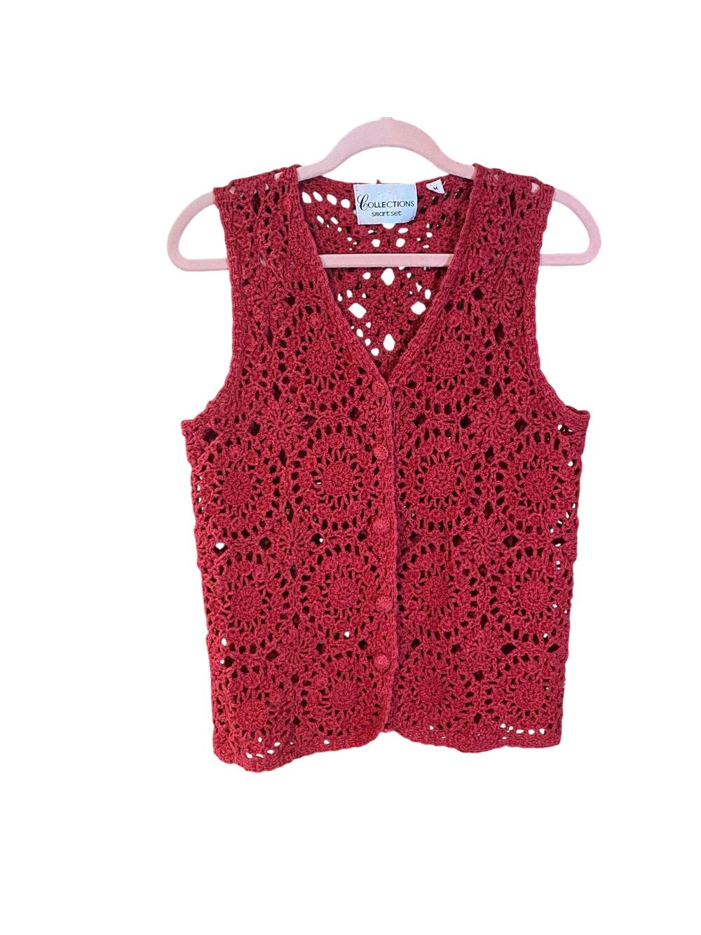 Vintage Red Crochet Ramie Cotton Vest Boho cocquette hippie cottagecore Medium